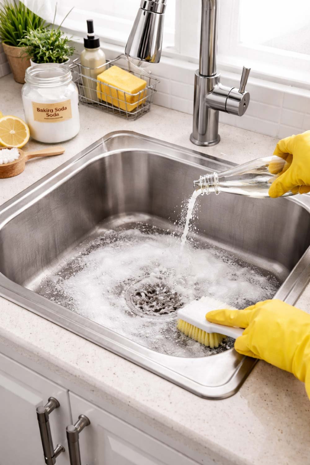 Clean Sink with Vinegar and Baking Soda