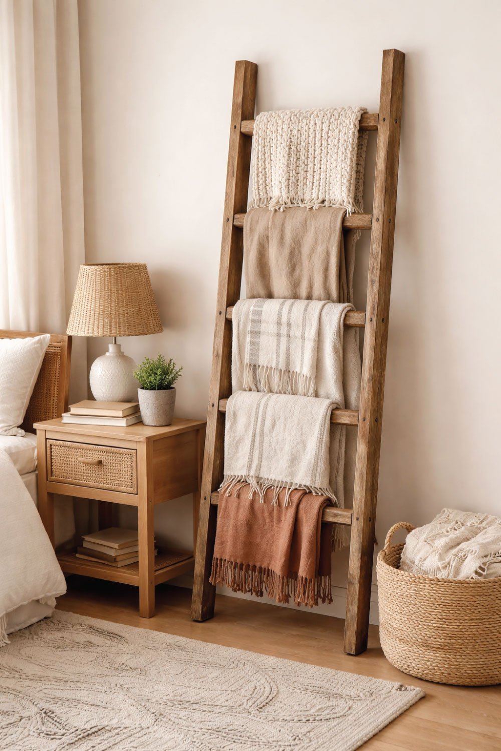 Repurposed Ladder as a Blanket Rack