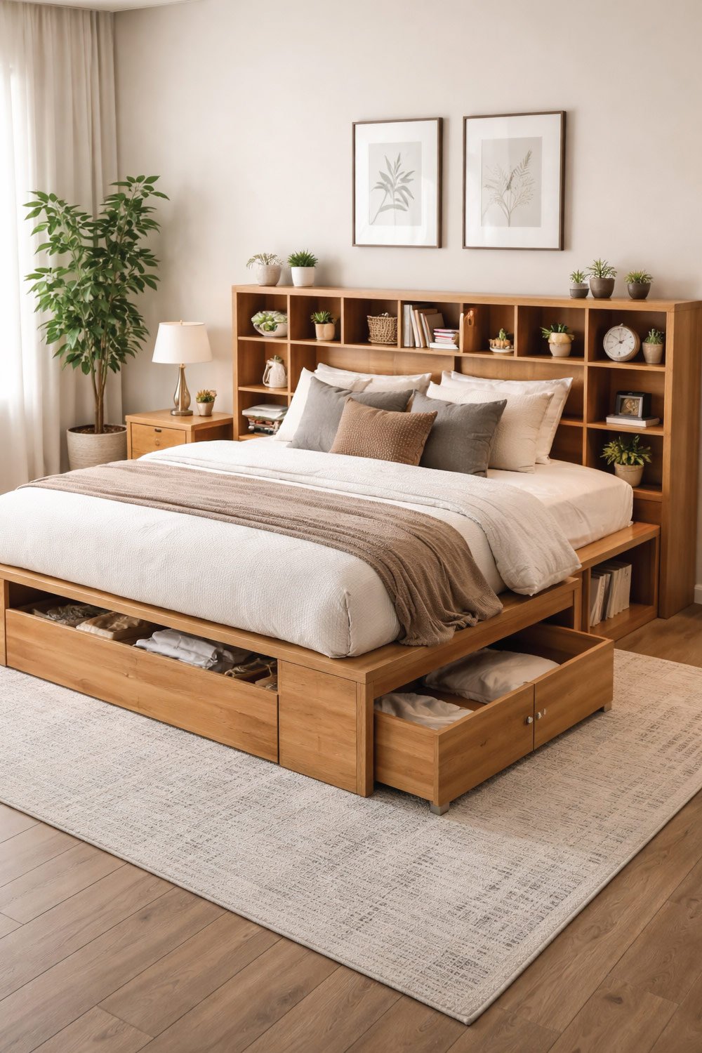 Bed Frame with Built-In Shelves