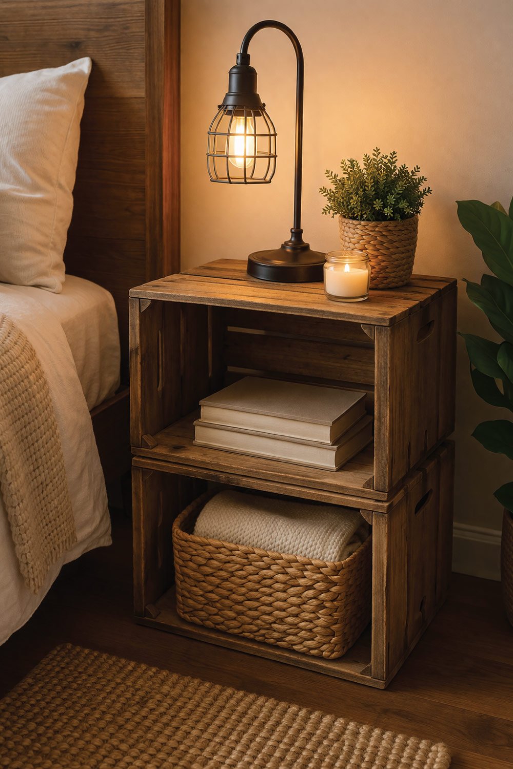 DIY Bedside Table from Crates or Stools