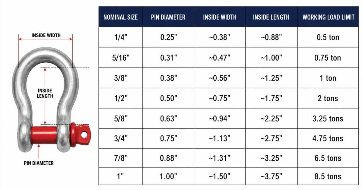 Standard Shackle Size Chart (Typical Values)