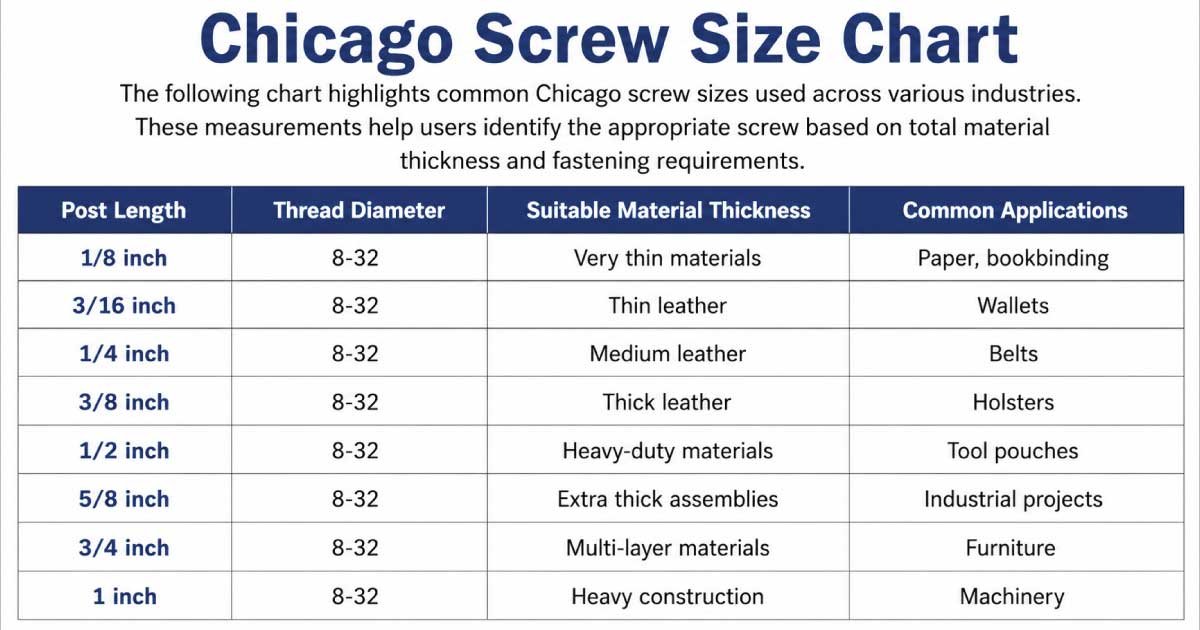 Standard Chicago Screw Size Chart