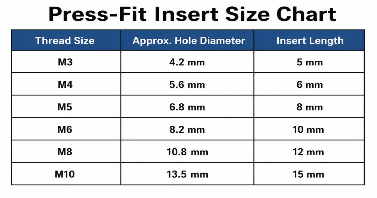 Press-Fit Insert Size Chart
